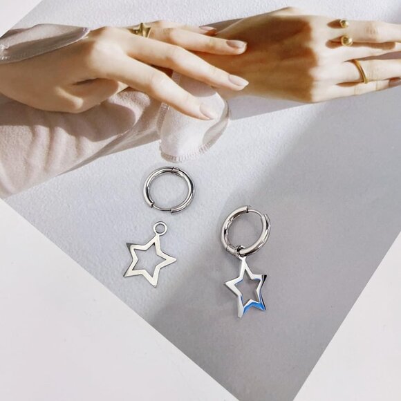 Minimalist Star Dangle Hoop Earrings for Women - Hypoallergenic Stainless Steel, - Picture 3 of 6